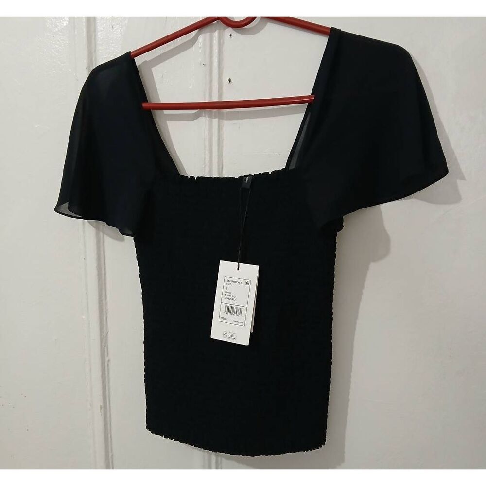 NWOT Theory Black Smocked Bodice Flutter Sleeve Top